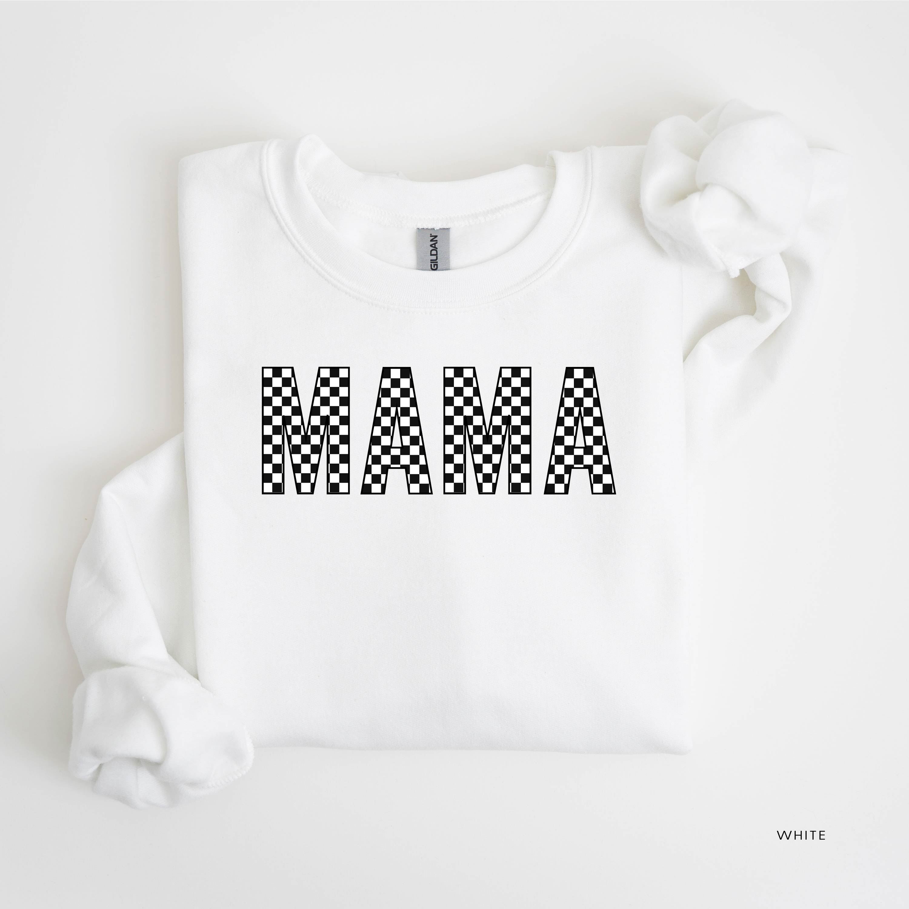 Block Font Checkers - MAMA - BASIC FLEECE CREWNECK Little Mama Shirt Shop LLC