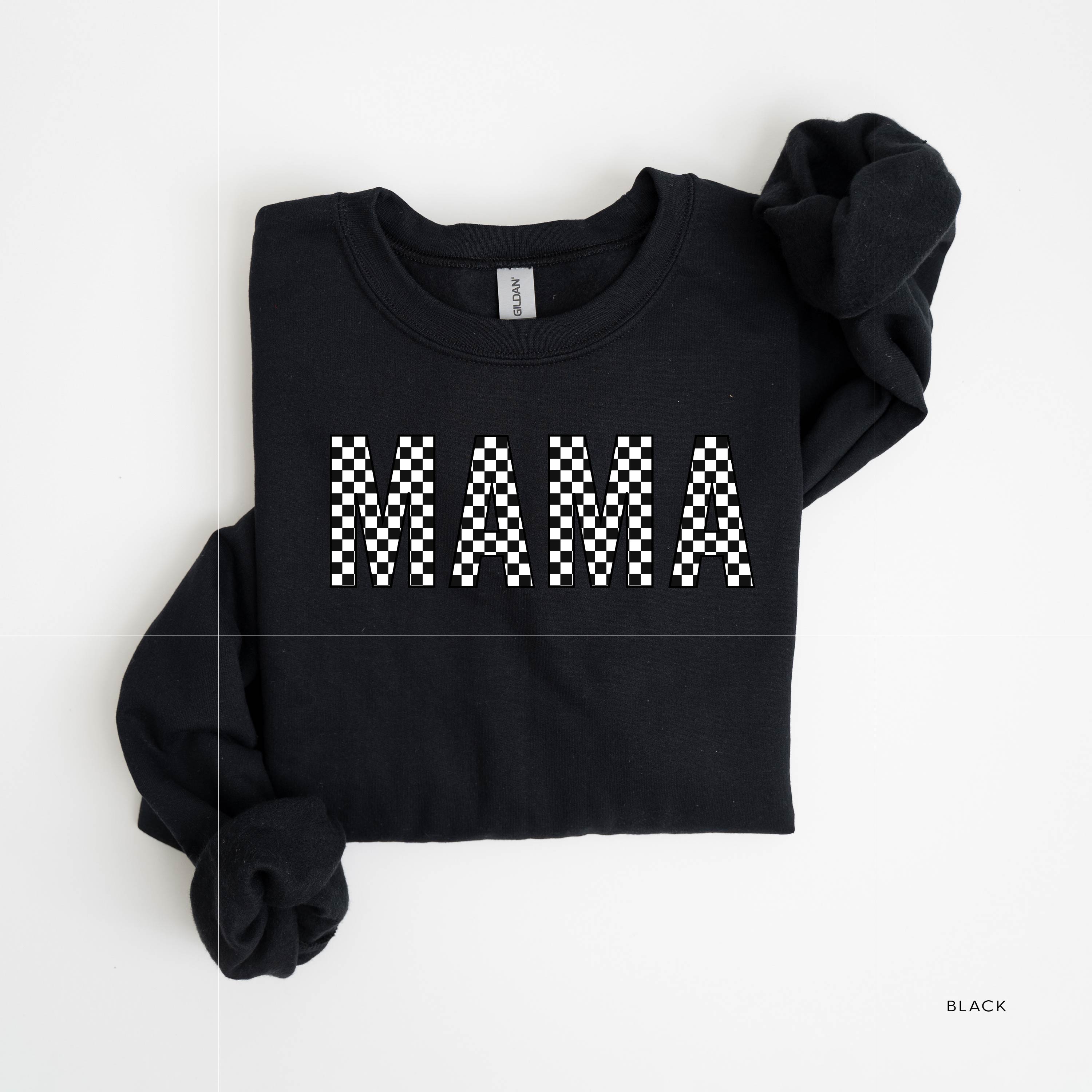 Block Font Checkers - MAMA - BASIC FLEECE CREWNECK Little Mama Shirt Shop LLC
