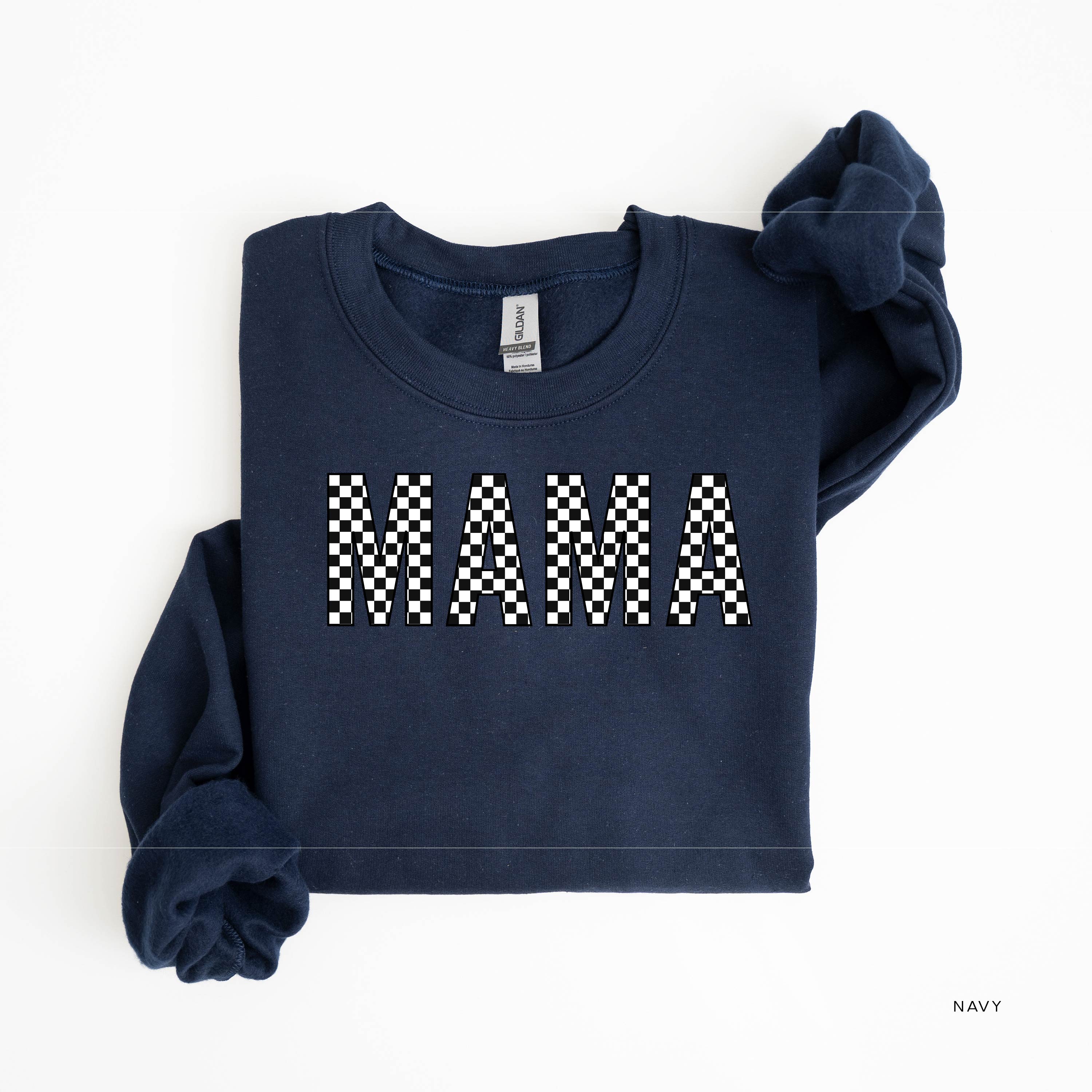 Block Font Checkers - MAMA - BASIC FLEECE CREWNECK Little Mama Shirt Shop LLC