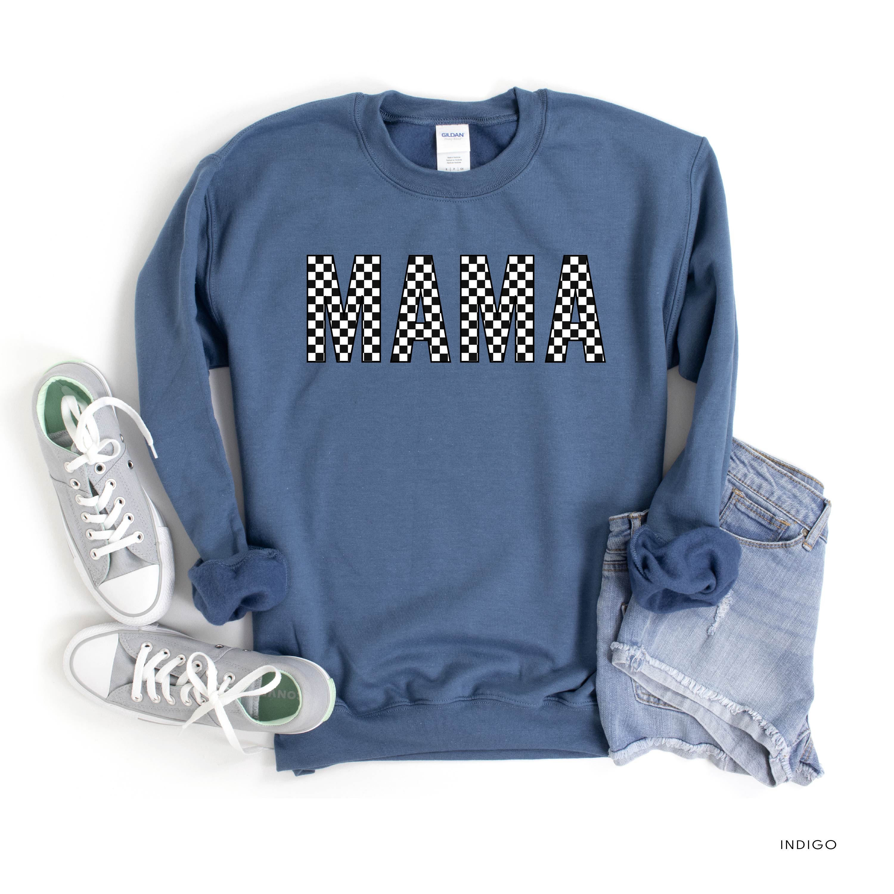 Block Font Checkers - MAMA - BASIC FLEECE CREWNECK Little Mama Shirt Shop LLC