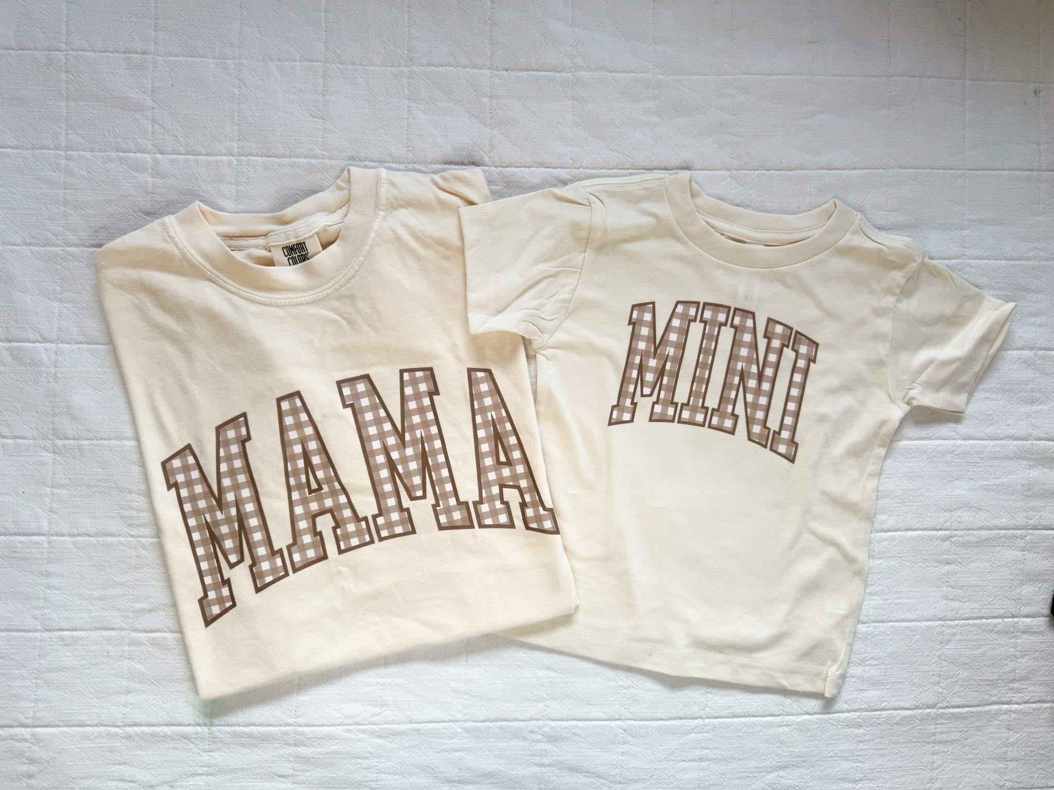 MOM / MAMA / MOTHER + MINI Brown Gingham Tee - Mommy and Me Ivory/Natural Coordinating Tee Set | Little Mama Shirt Shop Little Mama Shirt Shop LLC
