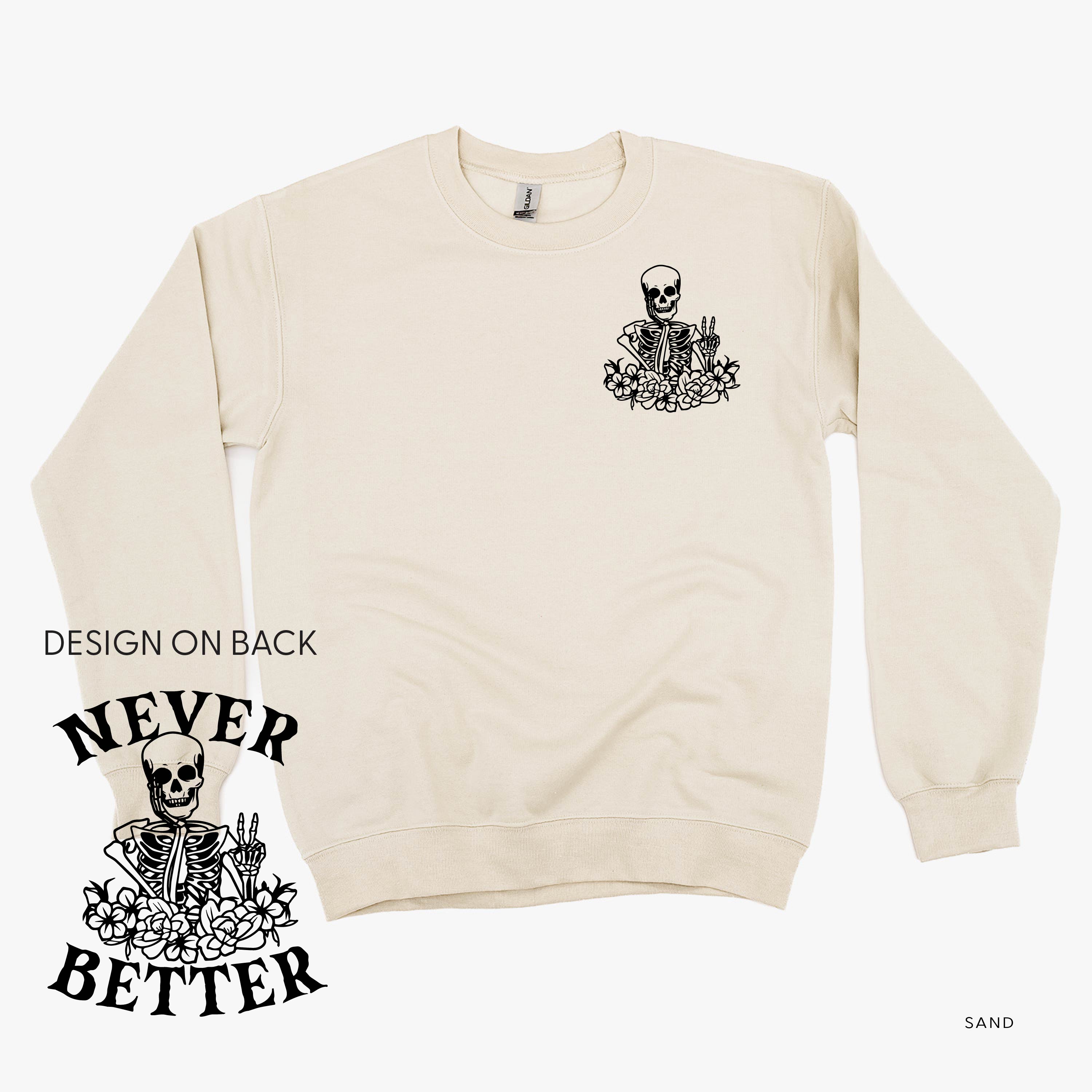  Pocket Daydreaming Skelly on Front - Basic Fleece Crewneck Little Mama Shirt Shop LLC