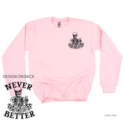 Never Better Daydreaming Skelly on Back w/ Pocket Daydreaming Skelly on Front - Basic Fleece Crewneck Little Mama Shirt Shop LLC