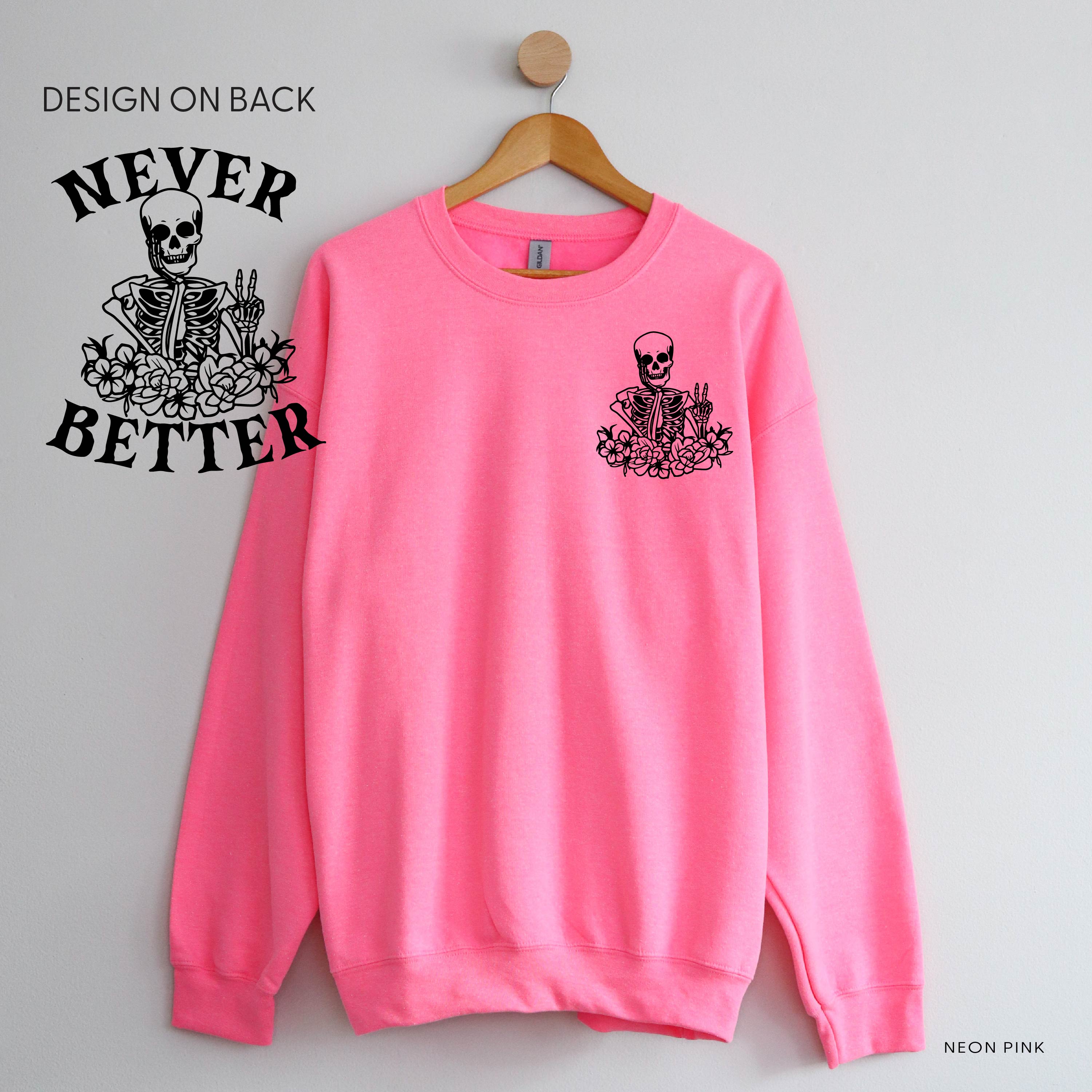  Pocket Daydreaming Skelly on Front - Basic Fleece Crewneck Little Mama Shirt Shop LLC