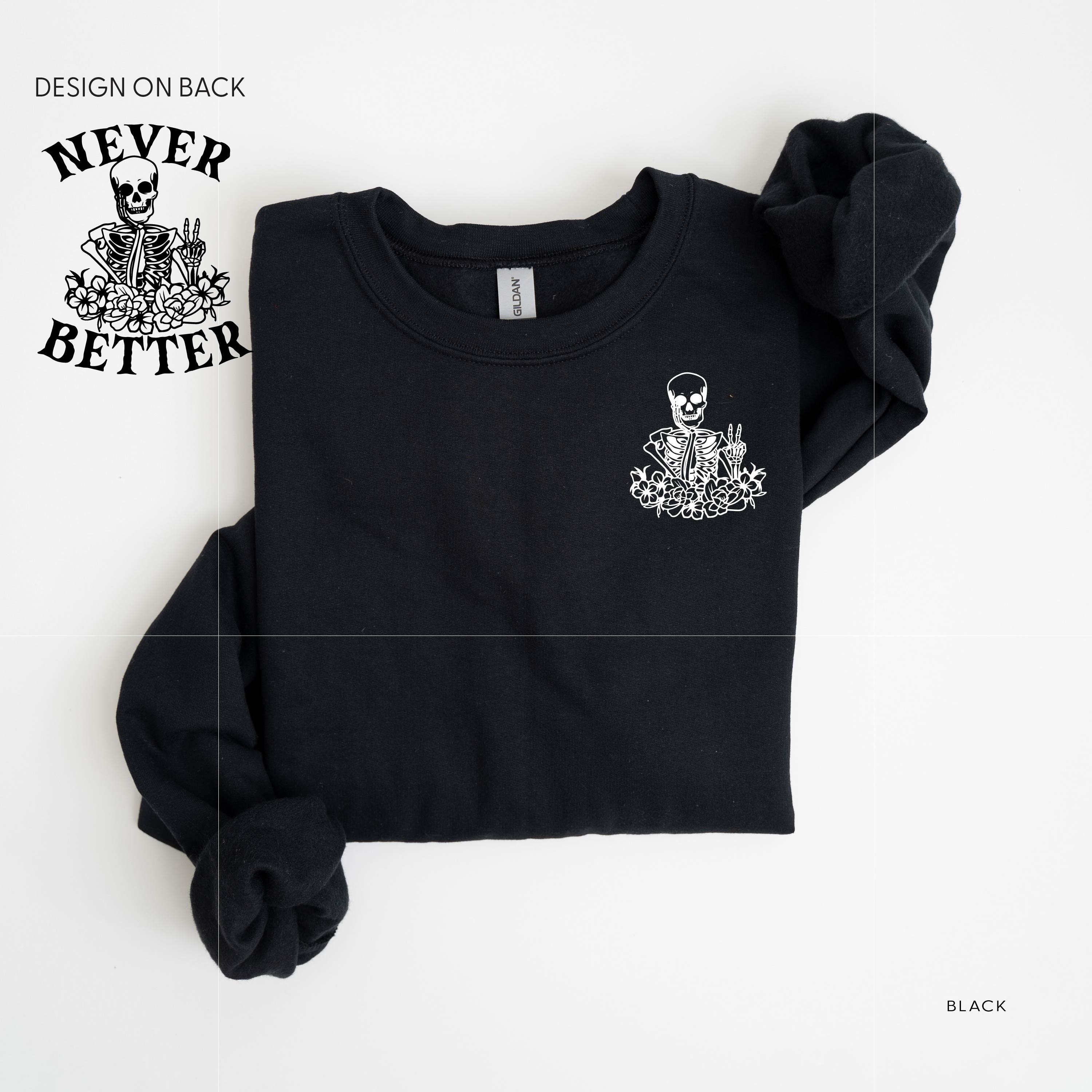  Pocket Daydreaming Skelly on Front - Basic Fleece Crewneck Little Mama Shirt Shop LLC