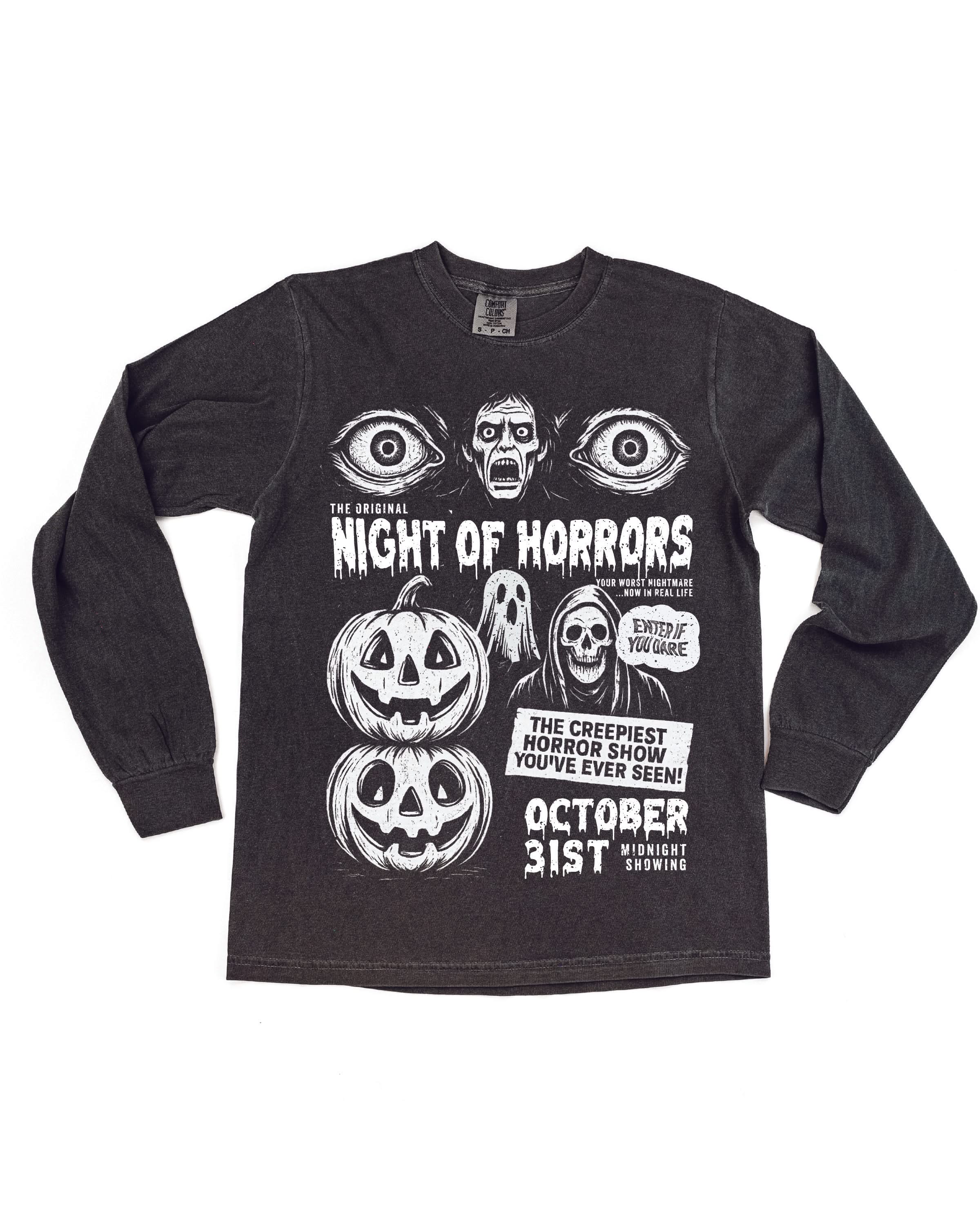 Night of Horrors - Long Sleeve Comfort Colors Tee Little Mama Shirt Shop