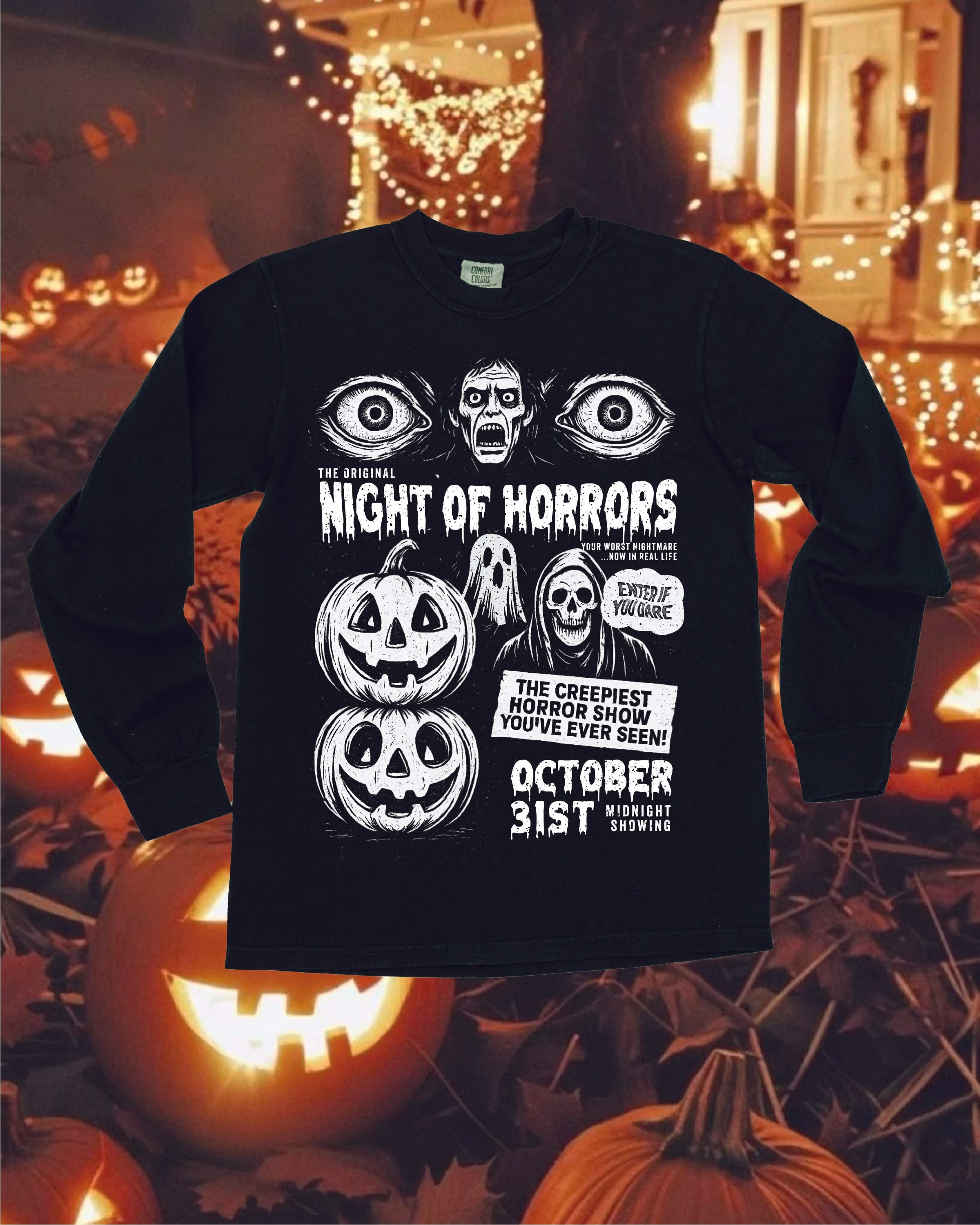 Night of Horrors - Long Sleeve Comfort Colors Tee Little Mama Shirt Shop