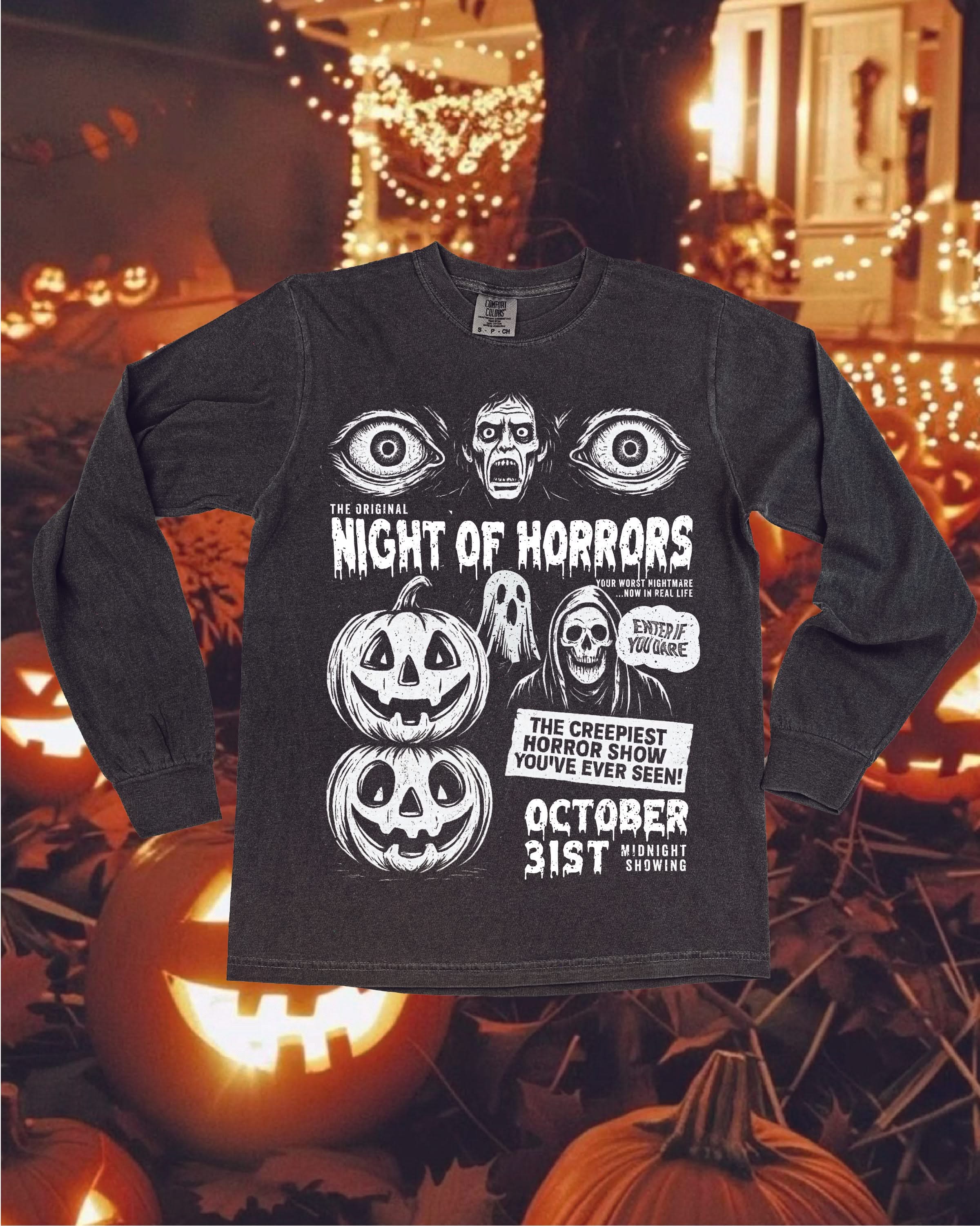 Night of Horrors - Long Sleeve Comfort Colors Tee Little Mama Shirt Shop