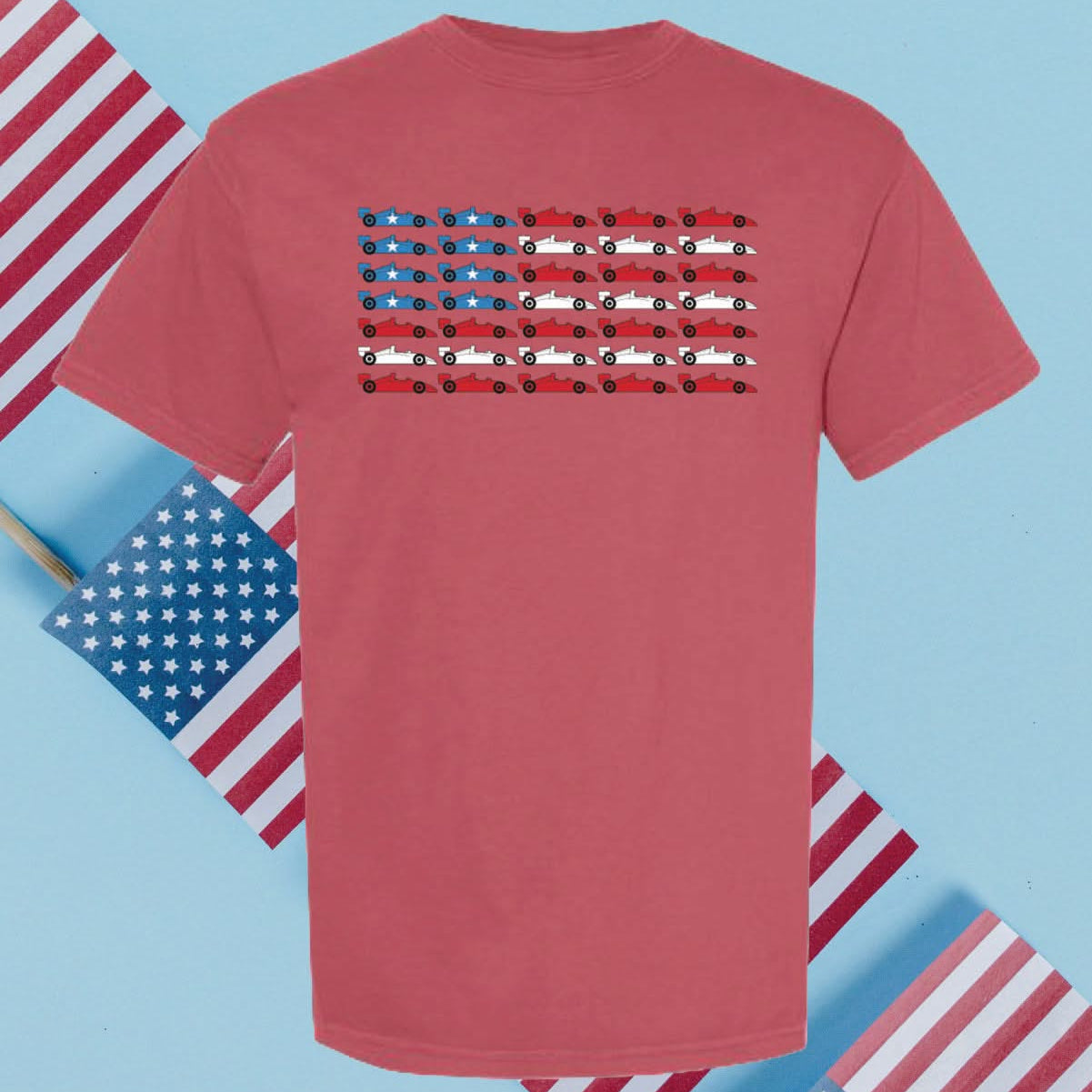 Patriotic Race Car American Flag Graphic Tee - Adult Comfort Colors Little Mama Shirt Shop LLC