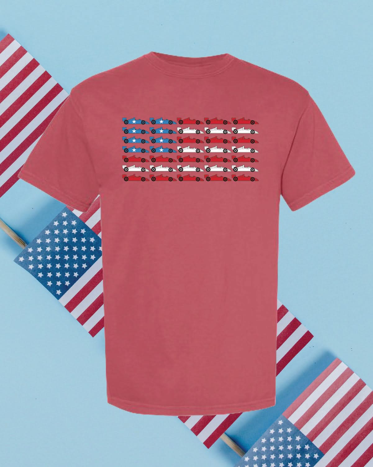 Patriotic Race Car American Flag Graphic Tee - Adult Comfort Colors Little Mama Shirt Shop LLC