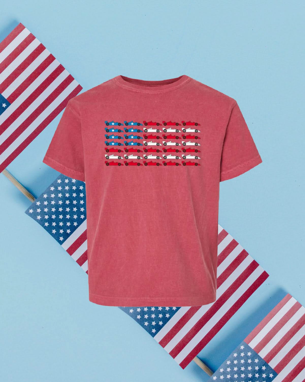 Patriotic Race Car American Flag Graphic Tee - Youth Little Mama Shirt Shop LLC