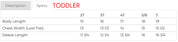 Toddler sweater size chart with sizes 2T to 7 with measurements in inches - Little Mama Shirt Shop