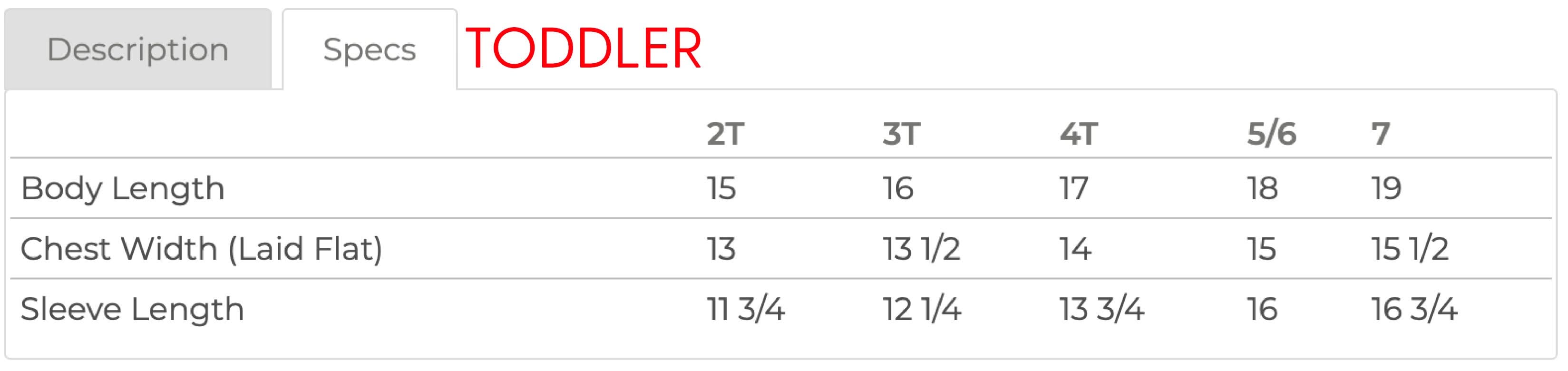 Toddler sweater size chart with sizes 2T to 7 with measurements in inches - Little Mama Shirt Shop