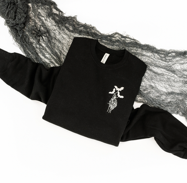 HALLOWEEN READY TO SHIP SALE - Embroidered Super Soft Fleece Crewneck - Skelly Hand Bat Bouquet