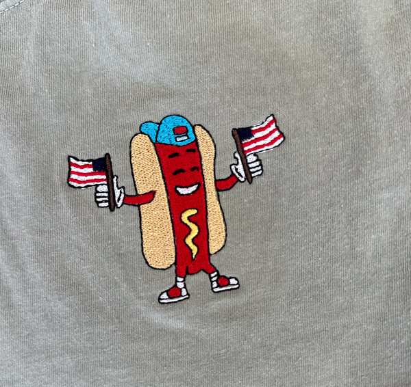 Embroidered Short Sleeve Comfort Colors Tee - Patriotic Hot Dog