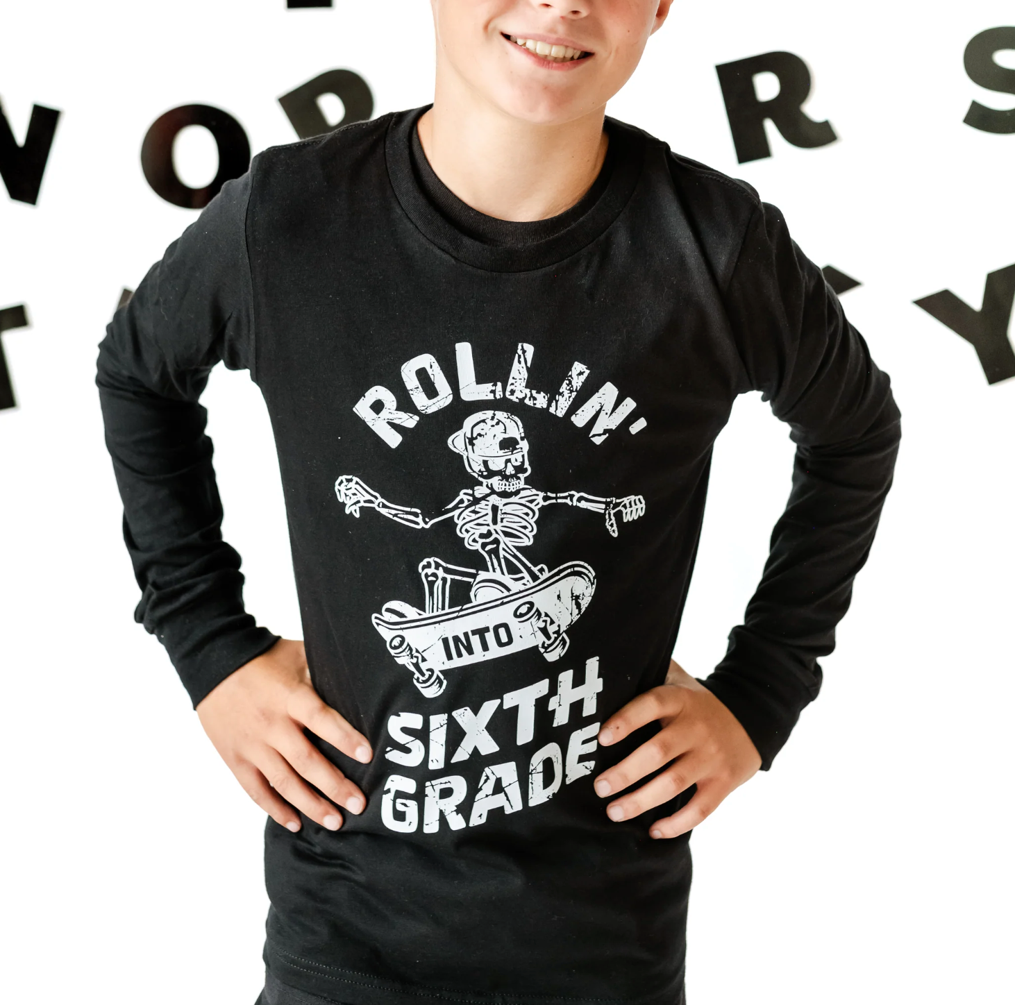 Skateboarding Skelly - Rollin' Into (Choose Your Grade) - Child LONG SLEEVE Tee Little Mama Shirt Shop