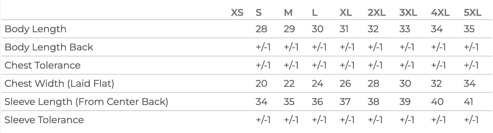 Women's hoodie size chart with measurements in inches (sizes S - 5XL)