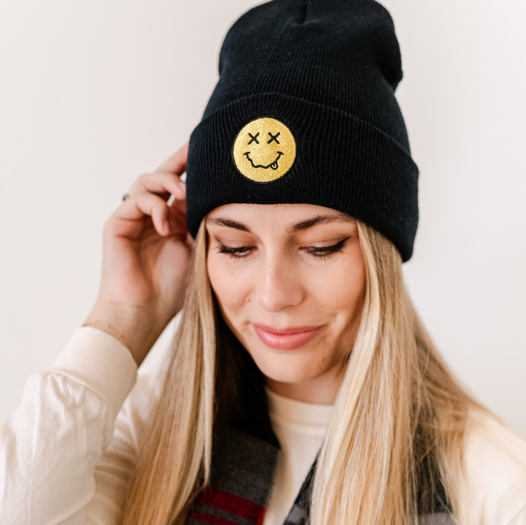 ADULT BEANIE - X Eye Smiley w/ Squiggle Tongue Little Mama Shirt Shop LLC
