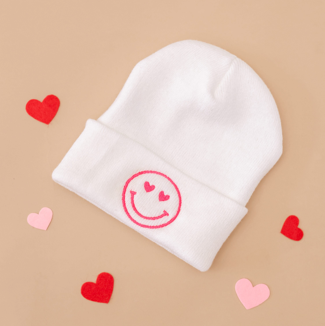 Child Beanie - Heart Eye Smiley - Bright Red w/ White Little Mama Shirt Shop LLC
