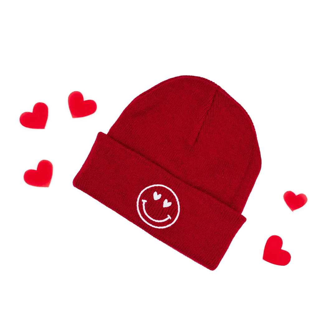 Child Beanie - Heart Eye Smiley - Bright Red w/ White Little Mama Shirt Shop LLC