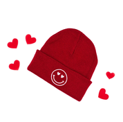 Child Beanie - Heart Eye Smiley - Bright Red w/ White Little Mama Shirt Shop LLC