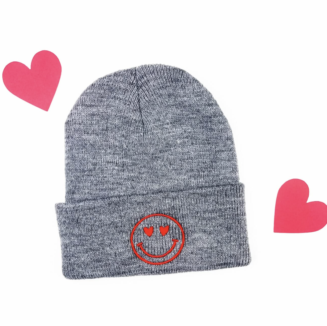 Child Beanie - Heart Eye Smiley - Bright Red w/ White Little Mama Shirt Shop LLC