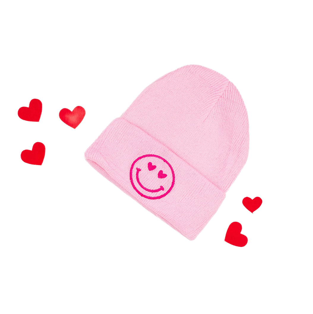 Child Beanie - Heart Eye Smiley - Bright Red w/ White Little Mama Shirt Shop LLC