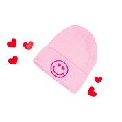 Child Beanie - Heart Eye Smiley - Bright Red w/ White Little Mama Shirt Shop LLC