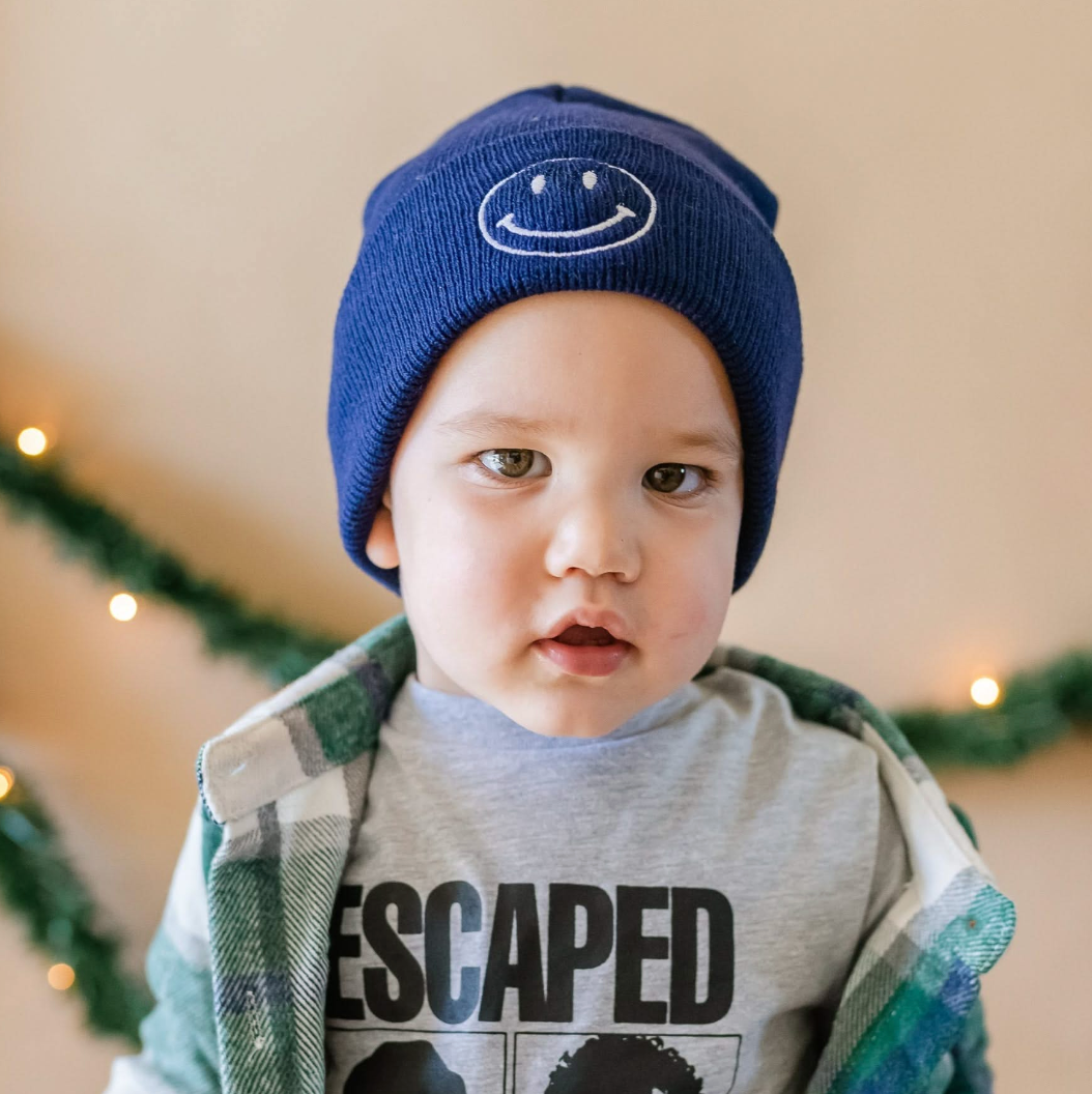 Child Beanie - Smiley Face - Mustard w/ Black Little Mama Shirt Shop LLC