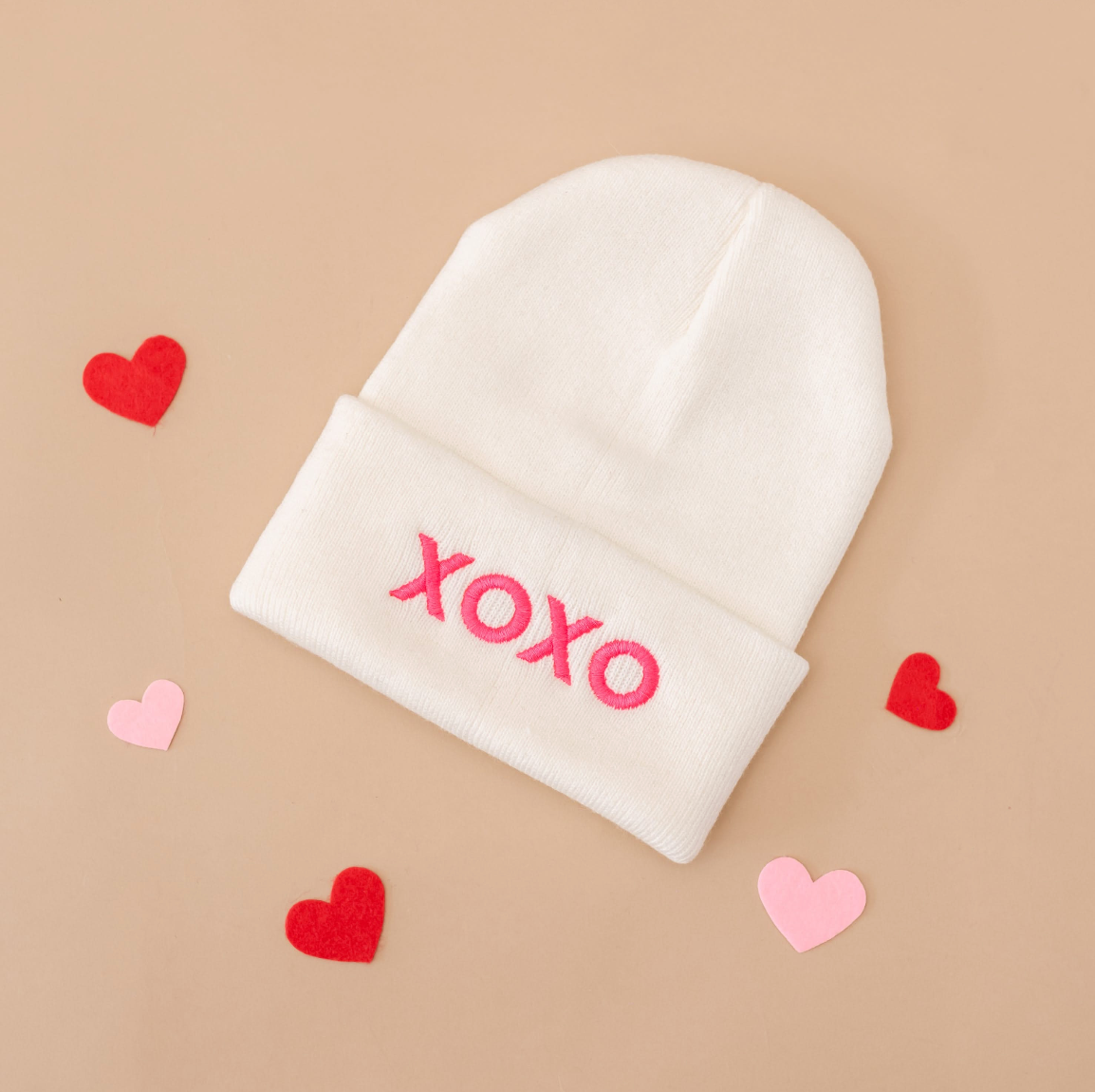 Adult Beanie - XOXO - Light Pink w/ Hot Pink Little Mama Shirt Shop LLC