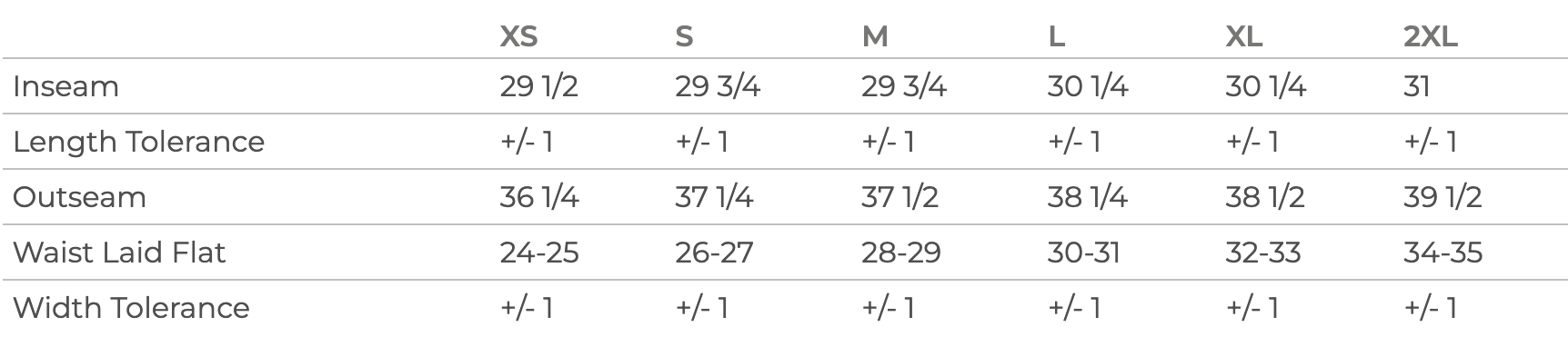 Size chart for women's joggers with measurements in inches (XS–2XL)