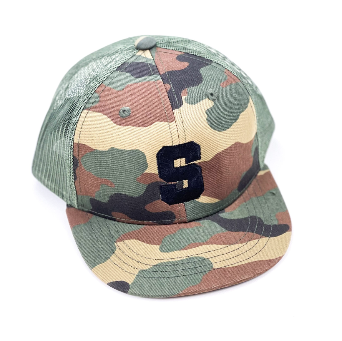 Varsity initial - Child Flat Brimmed Hat w/ Mesh Back Little Mama Shirt Shop