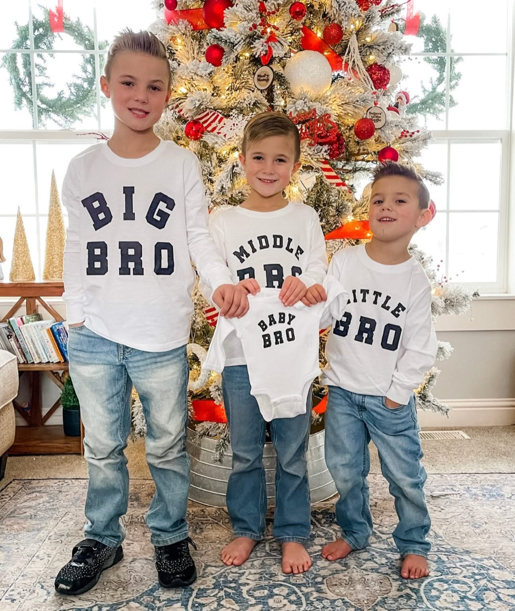 Varsity 'Bro' Sibling Tees - (Choose Your Role) - Child Long Sleeve Tee Little Mama Shirt Shop