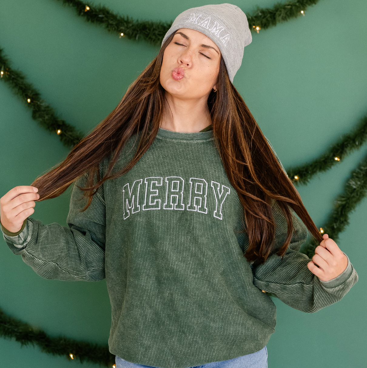 Merry (Outline) - Red - Embroidered Corded Sweatshirt Little Mama Shirt Shop LLC