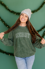Merry (Outline) - Red - Embroidered Corded Sweatshirt Little Mama Shirt Shop LLC