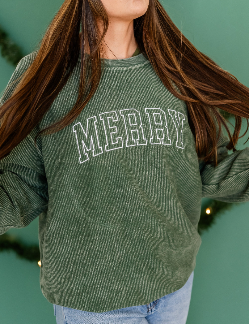 Merry (Outline) - Red - Embroidered Corded Sweatshirt Little Mama Shirt Shop LLC