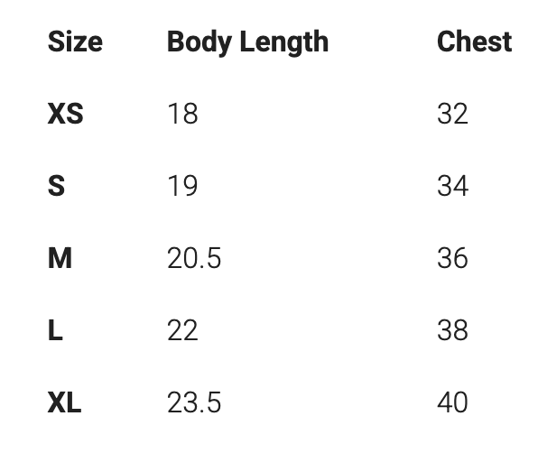 Kids quarter zip size chart, shown in inches – Little Mama Shirt Shop