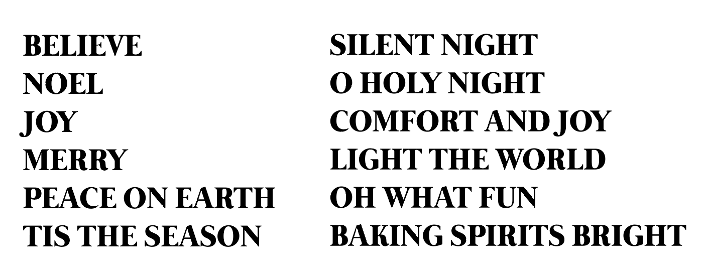 Options for Christmas messages on front of tees, shown in list – Little Mama Shirt Shop