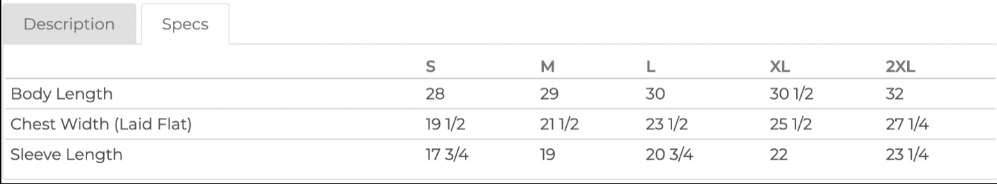 Adult heavy weight tee size chart with sizes small - 2XL, measurements in inches – Little Mama Shirt Shop