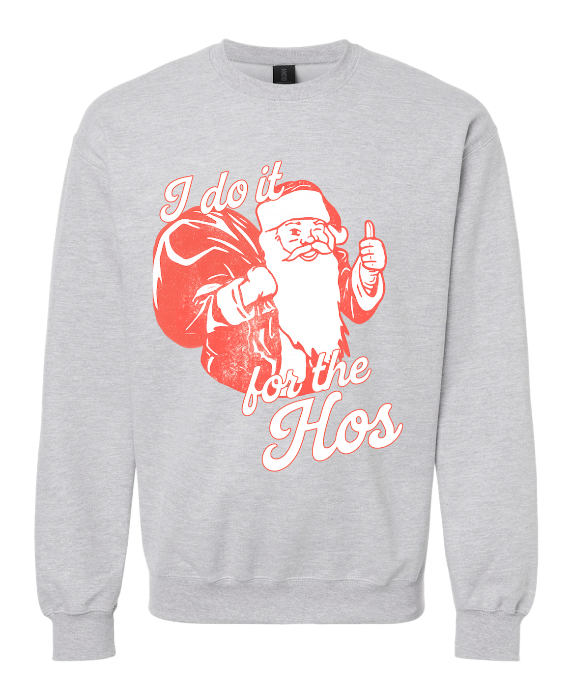 Heather Gray Christmas sweatshirt with vintage Santa “I Do It For The Hos” graphic on flat lay – Little Mama Shirt Shop