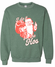 Ash Green Christmas sweatshirt with vintage Santa “I Do It For The Hos” graphic on flat lay – Little Mama Shirt Shop