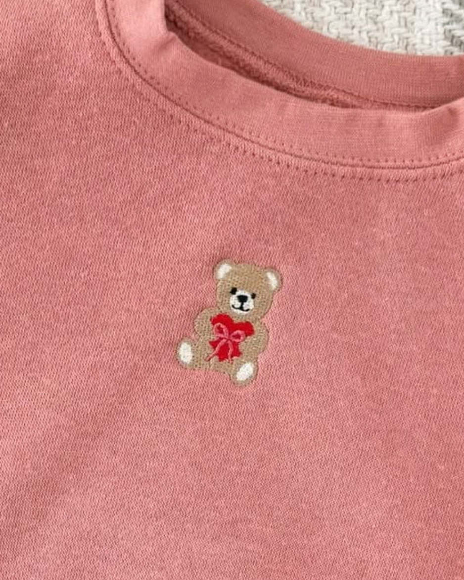 Child mauvelous sweater with valentine's teddy Embroidery on front, shown on flat lay  – Little Mama Shirt Shop