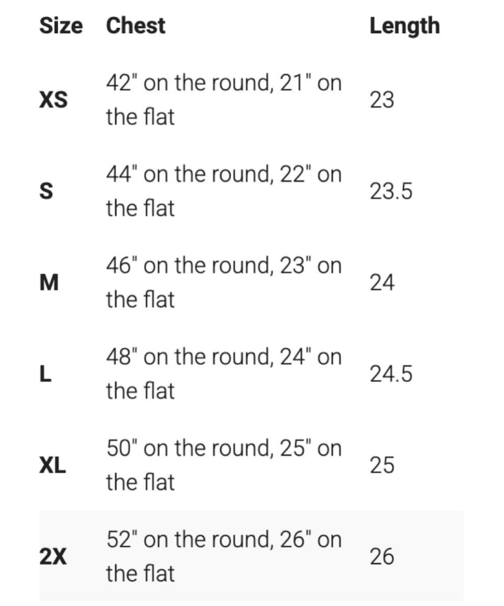 Enza Quarter Zip size chart with sizes XS to 2XL with measurements in inches- Little Mama Shirt Shop