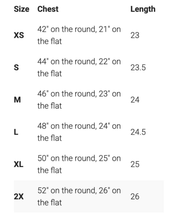 Enza Quarter Zip size chart with sizes XS to 2XL with measurements in inches- Little Mama Shirt Shop