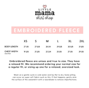 Size chart for embroidered fleece in sizes XS to 2XL with sizes in inches - Little Mama Shirt Shop