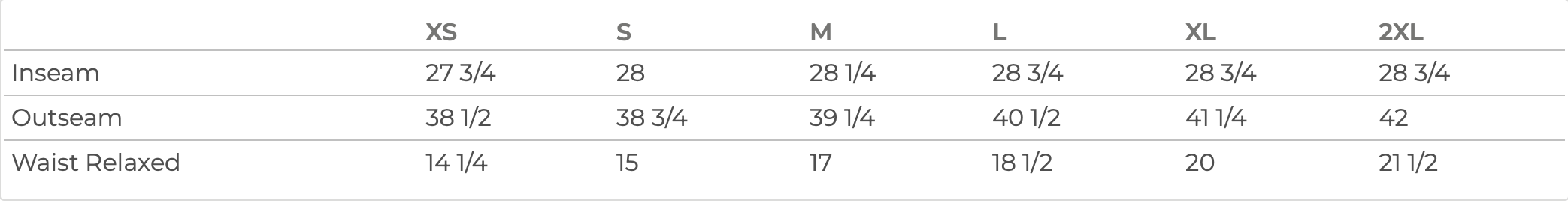 Size chart for joggers in sizes XS to 2XL with measurements in inches - Little Mama Shirt Shop