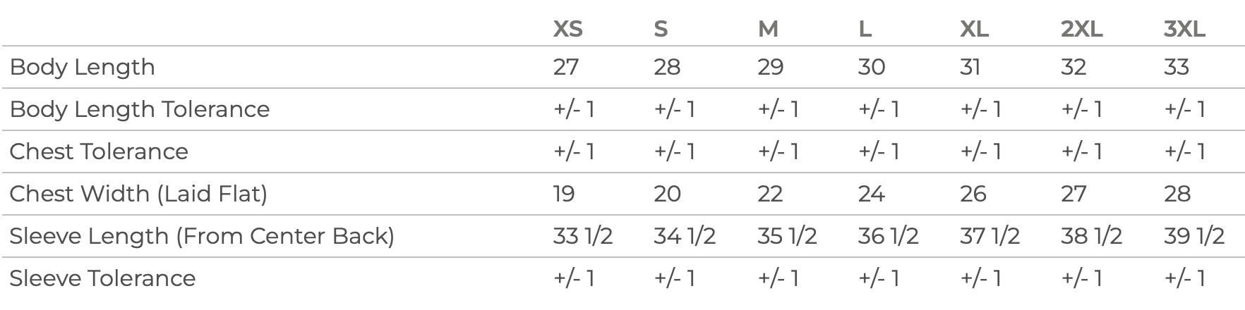 Adult mid-weight hoodie size chart with sizes in XS to 3XL with measurements in inches - Little Mama Shirt Shop