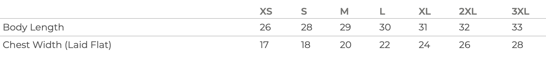 Size chart for adult camo tee with sizes XS to 3XL with measurements in inches - Little Mama Shirt Shop