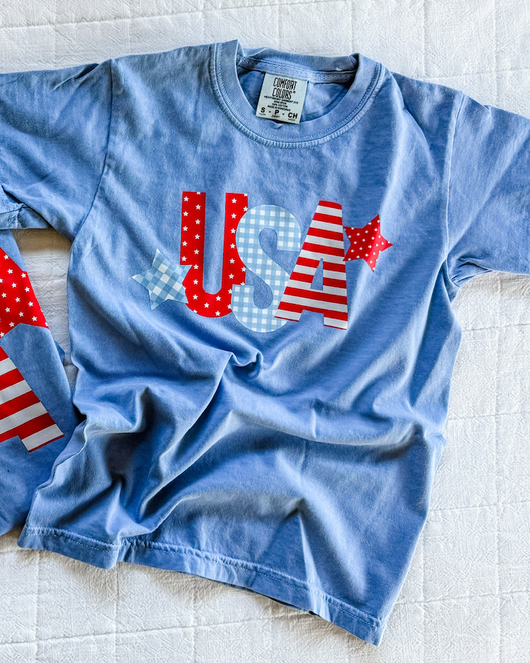 USA Patchwork Patriotic Youth Tee – Comfort Colors Graphic Shirt | Little Mama Shirt Shop Little Mama Shirt Shop LLC