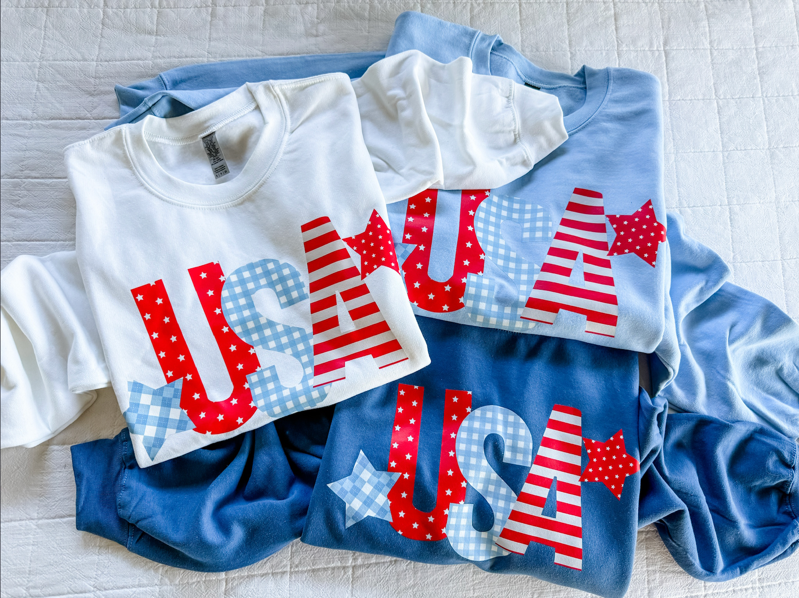 USA Patchwork Patriotic Crewneck Sweatshirt – Adult Basic Fleece | Little Mama Shirt Shop Little Mama Shirt Shop LLC